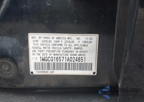 2001 Honda Accord 3.0 Ex из США, поврежденный, VIN 1HGCG16571A024651